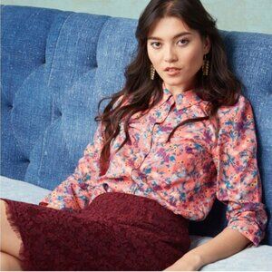 Modcloth Floral Button Down Shirt Pink Womens Small Collared Preppy Blouse Top